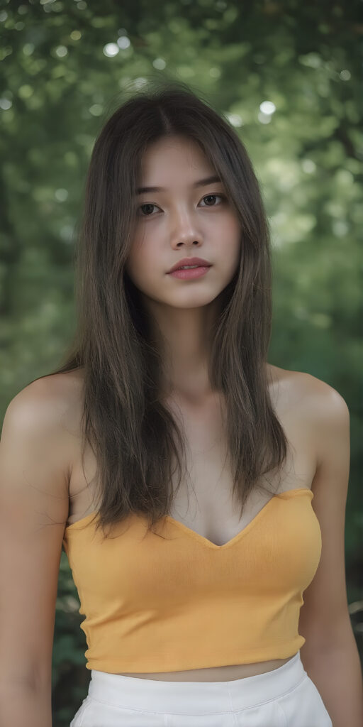 a (((full body shot))) of a (((stunning and gorgeous))) Japanese teen girl, with sleek and flowing (((hair in loose wavy long hair style))), dressed in a (((bright yellow fitted tank top with a low V-neck))), and ((white skirt)), that perfectly complements her pale skin. Her features are subtle yet striking, with slightly parted (((pale lips))), and (((adorable eyes))), that give her an air of sophistication. She exudes confidence and poise amidst a (((green forest))), under a (((softly glowing canopy))) that provides a hint of shade. The backdrop is further accentuated by (softly diffused light) that highlights her features and the contrast they provide against the natural world