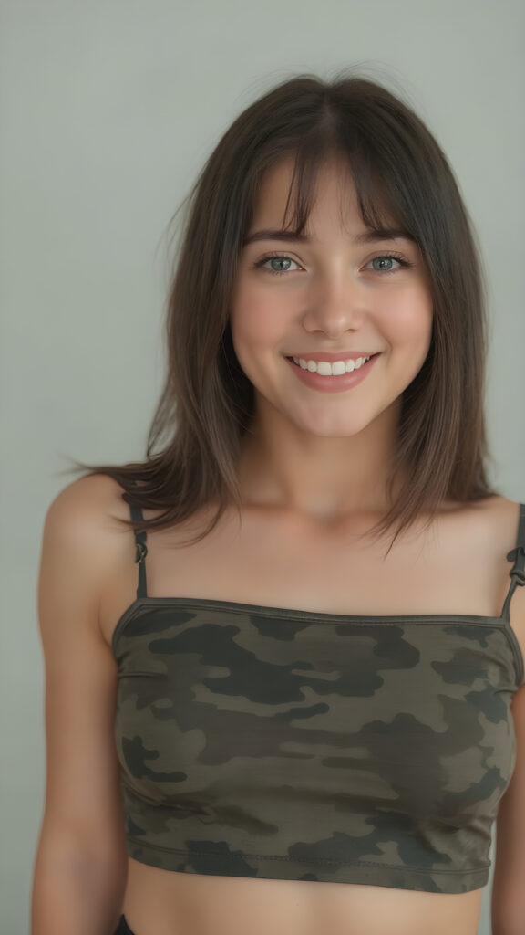 a (((full body image))) of a (((beautiful teen girl, age 15, with straight soft black hair))), showcasing her exquisite (((upper body))), which is perfectly proportioned and commands attention. Her face features delicate yet (((defined cheekbones))) and (((full lips))), with a (((straight, perfect white teeth smile))), that complements her overall look. She's dressed in a (((short, tight, thin silk camouflage top))), that hugs her form, revealing the perfect contours of her body. The scene is (((empty and perfectly proportioned))), allowing for a full-body shot with a (((perfectly proportioned figure))), accentuating her ((stunningly beautiful upper body). (((Her poise is (((dynamic and inviting))), with her head tilted back slightly, showing off her (perfect teeth) and capturing attention to detail.)))