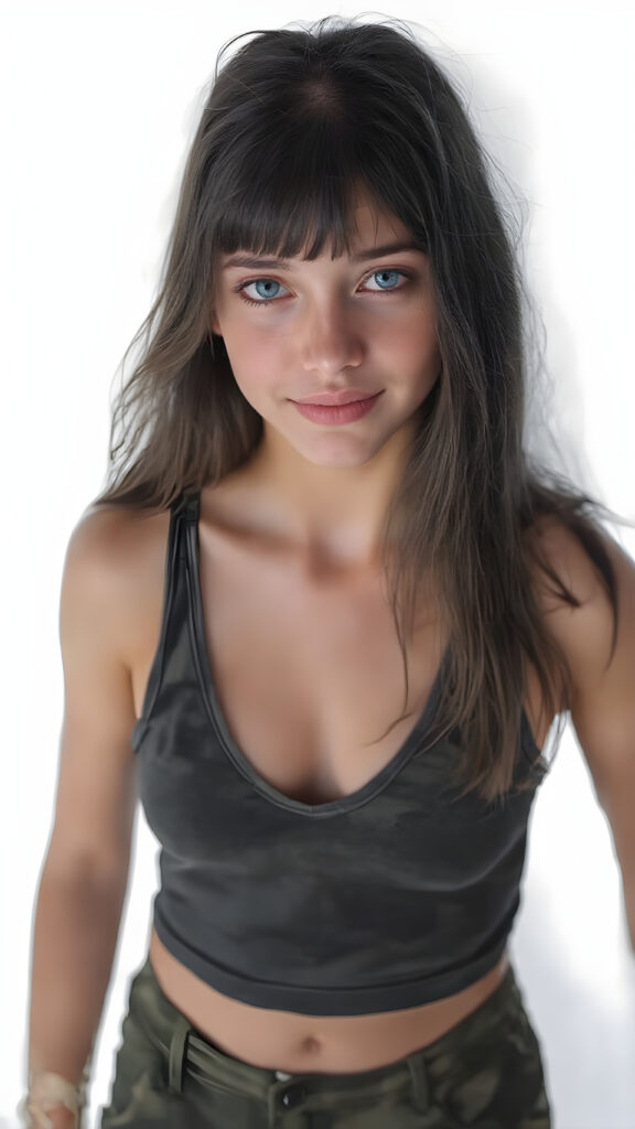 a (((full body portrait))), featuring a (((nice-looking young girl))) with flowing black hair and (((piercing blue eyes))), dressed in a sleek (((cropped sport tank top, deep v-neck in a camouflage pattern))), paired with classic (((short cargo pants))), posed confidently with a warm smile directed at the viewer. The scene is set against a (white backdrop) that complements the advanced lighting and advanced post-processing techniques, resulting in a masterfully advanced digital painting that embodies high detail and high quality, representing a timeless art style that exudes elegance and charm. She is the perfect embodiment of youthful beauty, with advanced lighting techniques and advanced digital painting techniques, showcasing every detail of her face and body in the highest level of detail and clarity. ((Straight hair)) ((Full body shot)) (((High-res, ultra-realistic image with intricate details))) ((perfect hands)) with long, flowing fingers and delicate, soft skin.