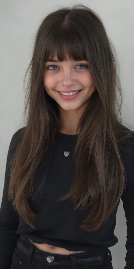 a (((full body image))) of a beautifully (((young teen girl))), with a sleek, dark brown (((long, layered hair))), that gently waves into a playful smile, gothic dressing style, dressed in a (((black, layered shirt))); paired with sleek, black skinny jeans; accessorized with a (tiny, metallic heart), poised confidently, as if embodying the essence of a whimsically rebellious teenage girl. (((skinny and cute with a petite, yet shapely, upper body, hint of a belly pooch, that perfectly complements her youthful features, including perfectly straight, white teeth that sparkle like diamonds, advanced detail around the edges of her hair, to give a 16-year-old a sense of timeless rebellion.