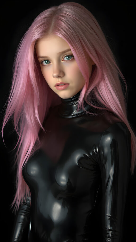 a (((full body shot))) of a (((young girl))) with (((long, straight jet and soft pink hair))), and (((vividly pink-dyed locks))), dressed in a (((shiny, sleek black latex catsuit))) that reflects the light in a (vivid, luxurious, high-quality backdrop), her expression slightly turned towards camera, as if looking at the viewer, all against a dark backdrop, perfect light and shadows