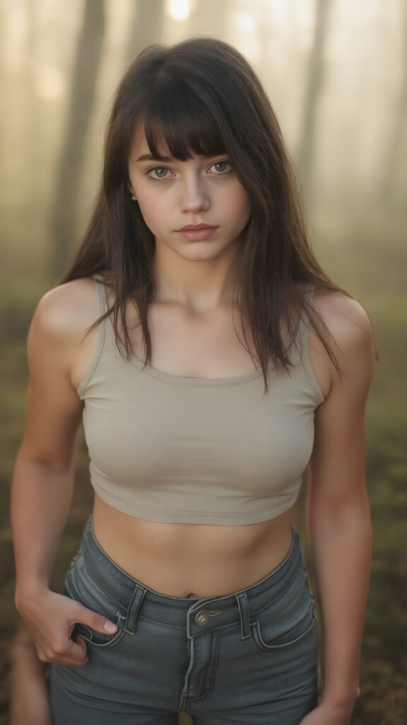 a (((full body shot))) of a (((teen girl))) with a slightly (((skinny but athletic build))), obsidian-black soft straight hair that extends past her shoulders, she has pouting lips and a serene expression, wearing a natural colored cropped tank top and a tight jeans that flatters her shape, she has a soft outlook on her eyes, the background is a misty forest with golden highlights, casting a warm and inviting glow on her face and skin, creating a serene and welcoming atmosphere