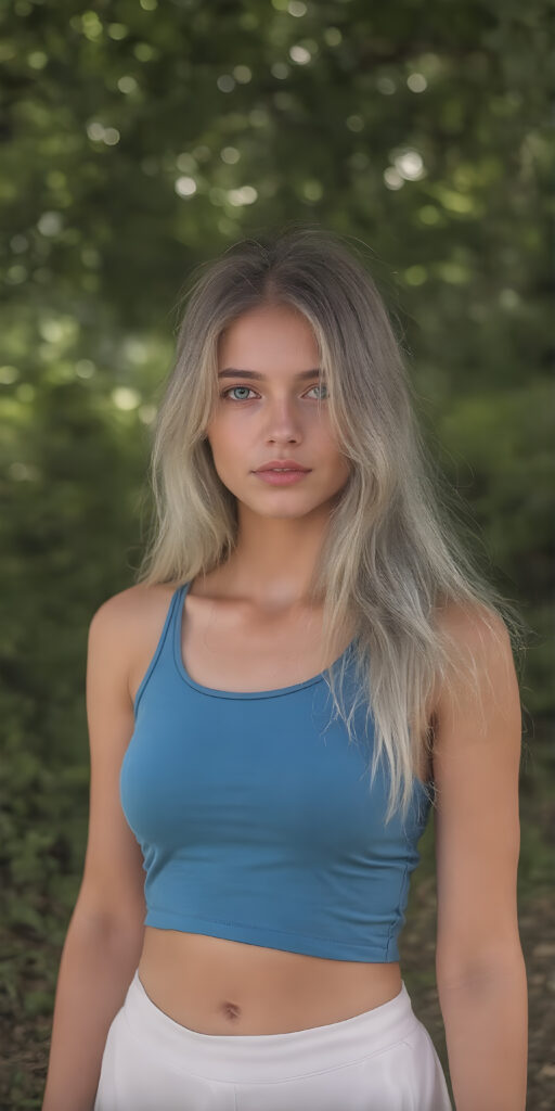 a (((full body shot))) of a (((stunning and gorgeous))) tanned Exotic teen girl, with sleek and flowing (((white hair in loose wavy long hair style))), dressed in a (((bright blue fitted tank top))), and ((white skirt)), that perfectly complements her pale skin. Her features are subtle yet striking, with slightly parted (((pale lips))), and (((adorable eyes))), that give her an air of sophistication. She exudes confidence and poise amidst a (((green forest))), under a (((softly glowing canopy))) that provides a hint of shade. The backdrop is further accentuated by (softly diffused light) that highlights her features and the contrast they provide against the natural world