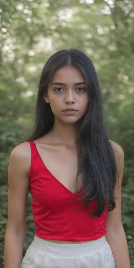 a (((full body shot))) of a (((stunning and gorgeous))) teen girl, with sleek and flowing (((black hair in loose wavy long hair style))), dressed in a (((bright red fitted top with a low V-neck))), and ((white skirt)), that perfectly complements her pale skin. Her features are subtle yet striking, with slightly parted (((pale lips))), and (((adorable eyes))), that give her an air of sophistication. She exudes confidence and poise amidst a (((green forest))), under a (((softly glowing canopy))) that provides a hint of shade. The backdrop is further accentuated by (softly diffused light) that highlights her features and the contrast they provide against the natural world