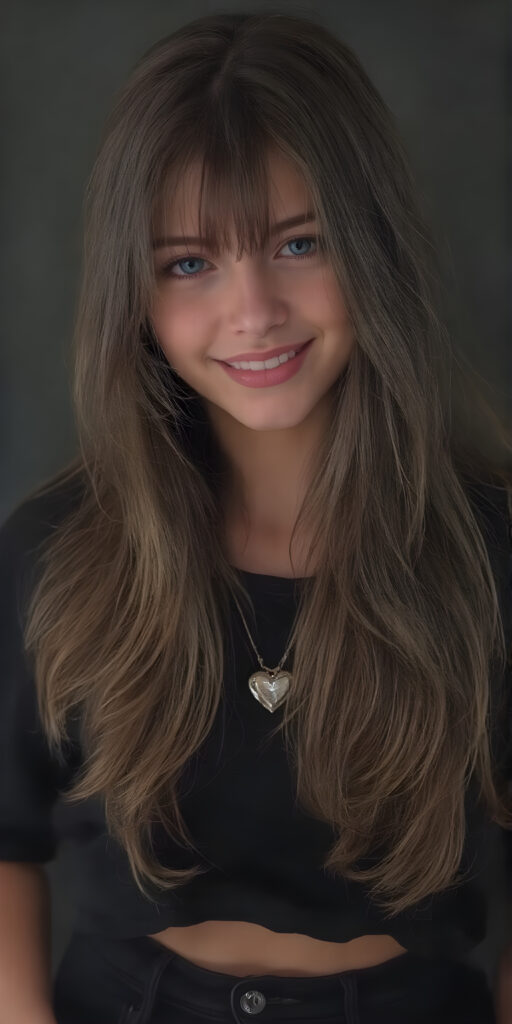 a (((full body image))) of a beautifully (((young teen girl))), with a sleek, dark brown (((long, layered hair))), that gently waves into a playful smile, gothic dressing style, dressed in a (((black, layered shirt))); paired with sleek, black skinny jeans; accessorized with a (tiny, metallic heart), poised confidently, as if embodying the essence of a whimsically rebellious teenage girl. (((skinny and cute with a petite, yet shapely, upper body, hint of a belly pooch, that perfectly complements her youthful features, including perfectly straight, white teeth that sparkle like diamonds, advanced detail around the edges of her hair, to give a 16-year-old a sense of timeless rebellion.