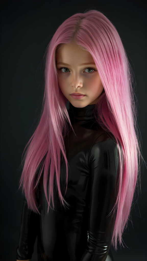 a (((full body shot))) of a (((young girl))) with (((long, straight jet and soft pink hair))), and (((vividly pink-dyed locks))), dressed in a (((shiny, sleek black latex catsuit))) that reflects the light in a (vivid, luxurious, high-quality backdrop), her expression slightly turned towards camera, as if looking at the viewer, all against a dark backdrop, perfect light and shadows