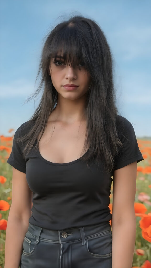 a (((full body view))) of a (((teen girl))) with ((black thick, straight soft hair)) that convey a sense of warmth and vitality, dressed in a ((low-cut, fitted T-shirt)) that accentuates her mature yet youthful figure, paired with ((realistic looking, high-resolution skin texture)) that adds a touch of realism to this captivating composition. She's standing in a ((sunny poppy field)), with a ((clear blue sky)) providing a picturesque backdrop for this stunning popstar. ((FULL LENGTH HEAD TO FEET BODY SHOT)) (((FULLY CLOTHED in black t-shirt and short denim jeans))) (((in a natural, warm and cozy lighting))) (((no gore, soft look)))