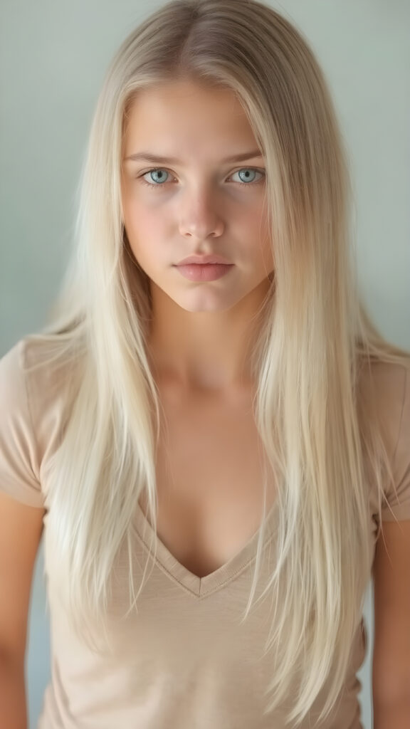 a (((full body shot))) of a (((teen girl))), perfect curved body, soft straight platinum long hair, round young face, wearing a natural short t-shirt, deep v-neck, she has a soft outlook on her eyes, natural backdrop