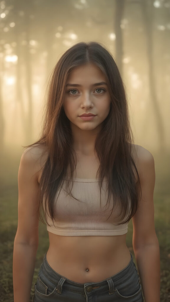 a (((full body shot))) of a (((teen girl))) with a slightly (((skinny but athletic build))), obsidian-black soft straight hair that extends past her shoulders, she has pouting lips and a serene expression, wearing a natural colored cropped tank top and a tight jeans that flatters her shape, she has a soft outlook on her eyes, the background is a misty forest with golden highlights, casting a warm and inviting glow on her face and skin, creating a serene and welcoming atmosphere