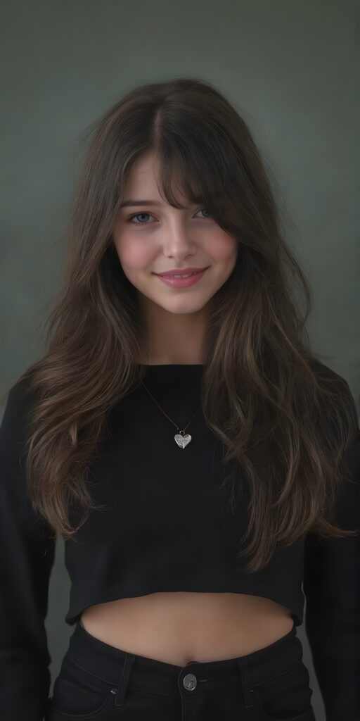 a (((full body image))) of a beautifully (((young teen girl))), with a sleek, dark brown (((long, layered hair))), that gently waves into a playful smile, gothic dressing style, dressed in a (((black, layered shirt))); paired with sleek, black skinny jeans; accessorized with a (tiny, metallic heart), poised confidently, as if embodying the essence of a whimsically rebellious teenage girl. (((skinny and cute with a petite, yet shapely, upper body, hint of a belly pooch, that perfectly complements her youthful features, including perfectly straight, white teeth that sparkle like diamonds, advanced detail around the edges of her hair, to give a 16-year-old a sense of timeless rebellion.