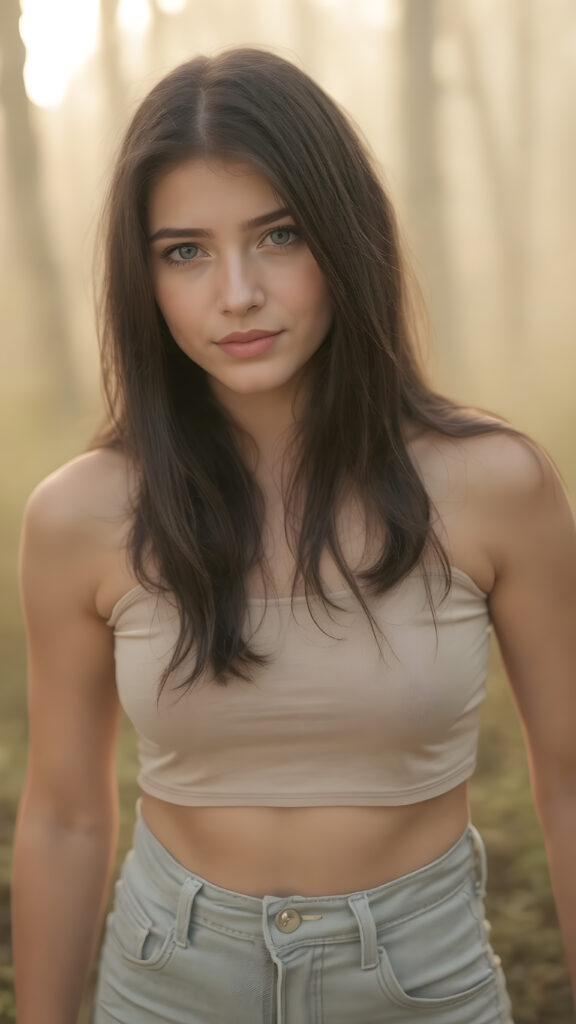 a (((full body shot))) of a (((teen girl))) with a slightly (((skinny but athletic build))), obsidian-black soft straight hair that extends past her shoulders, she has pouting lips and a serene expression, wearing a natural colored cropped tank top and a tight jeans that flatters her shape, she has a soft outlook on her eyes, the background is a misty forest with golden highlights, casting a warm and inviting glow on her face and skin, creating a serene and welcoming atmosphere