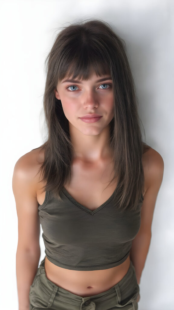 a (((full body portrait))), featuring a (((nice-looking young girl))) with flowing black hair and (((piercing blue eyes))), dressed in a sleek (((cropped sport tank top, deep v-neck in a camouflage pattern))), paired with classic (((short cargo pants))), posed confidently with a warm smile directed at the viewer. The scene is set against a (white backdrop) that complements the advanced lighting and advanced post-processing techniques, resulting in a masterfully advanced digital painting that embodies high detail and high quality, representing a timeless art style that exudes elegance and charm. She is the perfect embodiment of youthful beauty, with advanced lighting techniques and advanced digital painting techniques, showcasing every detail of her face and body in the highest level of detail and clarity. ((Straight hair)) ((Full body shot)) (((High-res, ultra-realistic image with intricate details))) ((perfect hands)) with long, flowing fingers and delicate, soft skin.