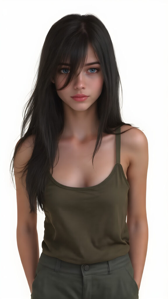 a (((full body portrait))), featuring a (((nice-looking young girl))) with flowing black hair and (((piercing blue eyes))), dressed in a sleek (((tank top))) in a camouflage pattern, paired with classic (((short cargo pants))), posed confidently with a warm smile directed at the viewer. The scene is set against a (green backdrop) that complements the advanced lighting and advanced post-processing techniques, resulting in a masterfully advanced digital painting that embodies high detail and high quality, representing a timeless art style that exudes elegance and charm. She is the perfect embodiment of youthful beauty, with advanced lighting techniques and advanced digital painting techniques, showcasing every detail of her face and body in the highest level of detail and clarity. ((Straight hair)) ((Full body shot)) (((High-res, ultra-realistic image with intricate details))) ((perfect hands)) with long, flowing fingers and delicate, soft skin.