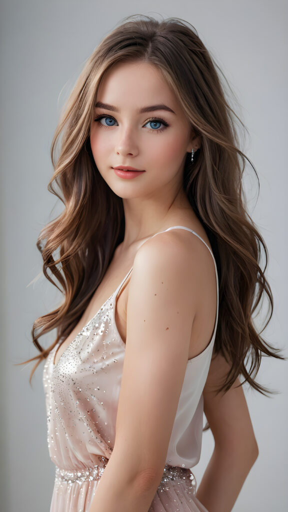 a (((full body view))) of an exquisitely beautiful girl, with long, flowing (((silky-smooth hair))), round cheeks, and bright, realistic blue eyes, framing a (((full, radiant face))) that exudes exuberance and elegance. Her lips are full, painted in a (pale pink hue), and her skin is (hyperrealistically detailed) with a soft, (diamond-like complexion) that gives off a (soft glow). She's wearing a low cut, ((sparkly, white tank top)) that accentuates her perfect figure, paired with sleek, (high heels) that match her outfit perfectly. The background is a (blurry, white backdrop) that adds to the overall atmosphere and emphasizes the girl's beauty. The lighting is (natural, soft light) that highlights her features and the outfit she wears, giving her an air of sophistication and elegance.