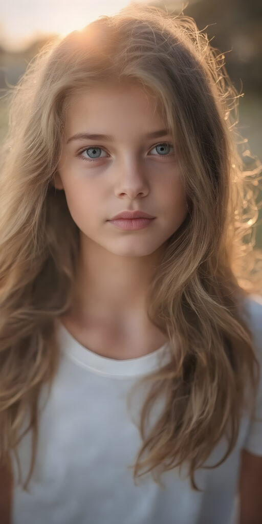 a (((full body portrait))), advanced styling with intricate ((volumetric lighting)), capturing a very beautiful young girl with (long, soft wavy hair) that flows gracefully over her shoulders, framing her face as the sun sets softly in the background, she’s wearing a (white t-shirt) that accentuates her youthful features, including (full lips) and (beautifully sculpted cheeks) that add to her overall allure