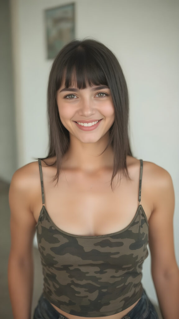 a (((full body image))) of a (((beautiful teen girl, age 15, with straight soft black hair))), showcasing her exquisite (((upper body))), which is perfectly proportioned and commands attention. Her face features delicate yet (((defined cheekbones))) and (((full lips))), with a (((straight, perfect white teeth smile))), that complements her overall look. She's dressed in a (((short, tight, thin silk camouflage top))), that hugs her form, revealing the perfect contours of her body. The scene is (((empty and perfectly proportioned))), allowing for a full-body shot with a (((perfectly proportioned figure))), accentuating her ((stunningly beautiful upper body). (((Her poise is (((dynamic and inviting))), with her head tilted back slightly, showing off her (perfect teeth) and capturing attention to detail.)))