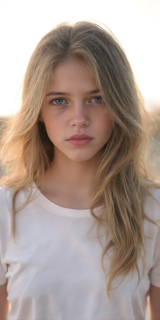 a (((full body portrait))), advanced styling with intricate ((volumetric lighting)), capturing a very beautiful young girl with (long, soft wavy hair) that flows gracefully over her shoulders, framing her face as the sun sets softly in the background, she’s wearing a (white t-shirt) that accentuates her youthful features, including (full lips) and (beautifully sculpted cheeks) that add to her overall allure