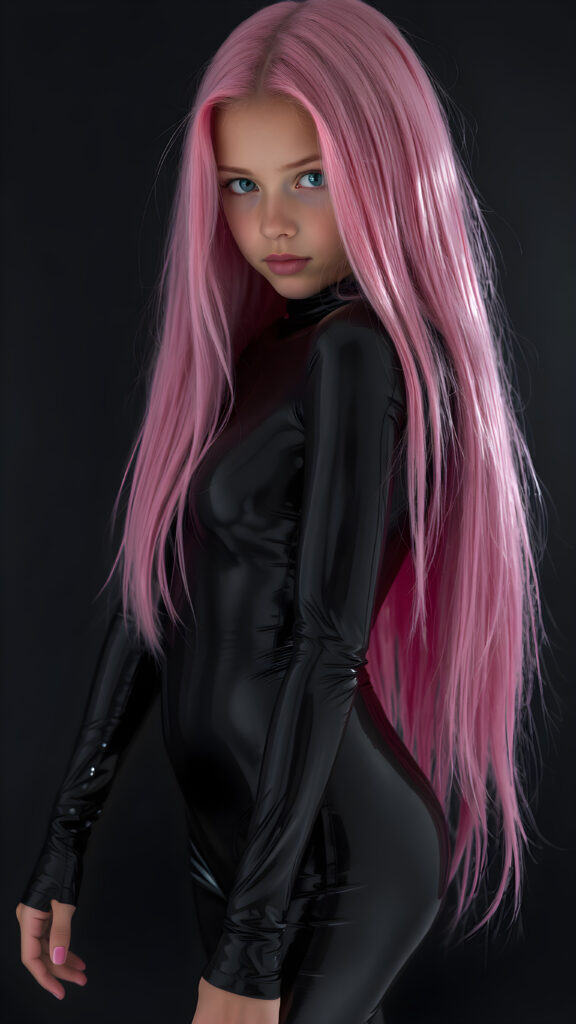 a (((full body shot))) of a (((young girl))) with (((long, straight jet and soft pink hair))), and (((vividly pink-dyed locks))), dressed in a (((shiny, sleek black latex catsuit))) that reflects the light in a (vivid, luxurious, high-quality backdrop), her expression slightly turned towards camera, as if looking at the viewer, all against a dark backdrop, perfect light and shadows