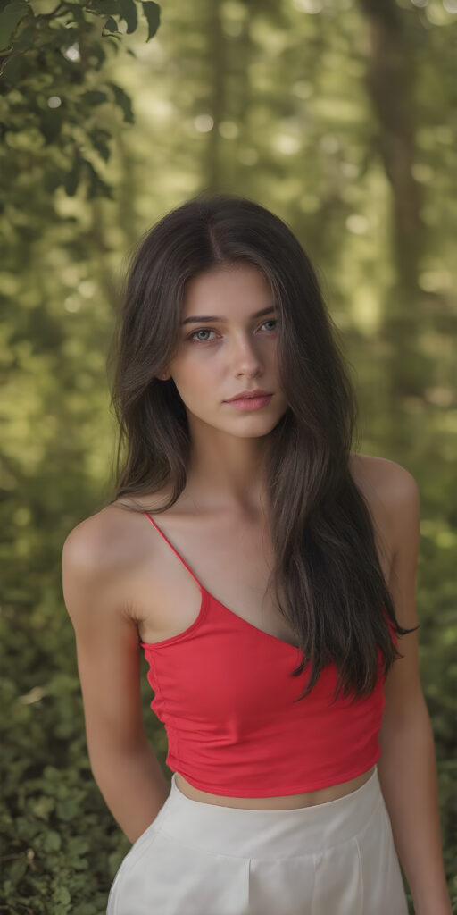 a (((full body shot))) of a (((stunning and gorgeous))) teen girl, with sleek and flowing (((black hair in loose wavy long hair style))), dressed in a (((bright red fitted top with a low V-neck))), and ((white skirt)), that perfectly complements her pale skin. Her features are subtle yet striking, with slightly parted (((pale lips))), and (((adorable eyes))), that give her an air of sophistication. She exudes confidence and poise amidst a (((green forest))), under a (((softly glowing canopy))) that provides a hint of shade. The backdrop is further accentuated by (softly diffused light) that highlights her features and the contrast they provide against the natural world