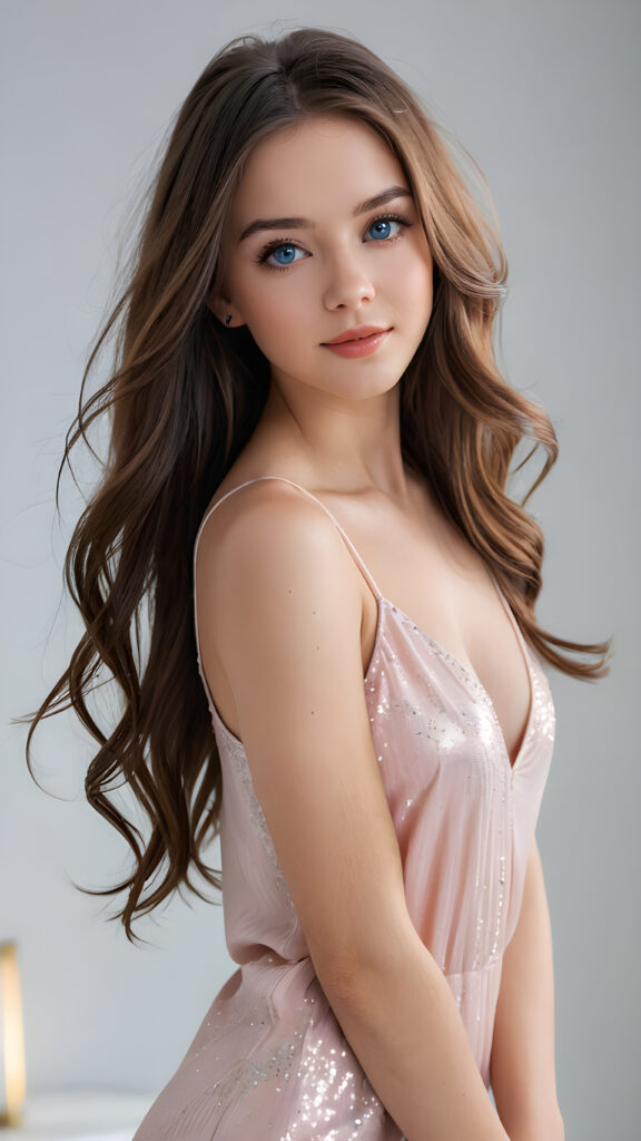 a (((full body view))) of an exquisitely beautiful girl, with long, flowing (((silky-smooth hair))), round cheeks, and bright, realistic blue eyes, framing a (((full, radiant face))) that exudes exuberance and elegance. Her lips are full, painted in a (pale pink hue), and her skin is (hyperrealistically detailed) with a soft, (diamond-like complexion) that gives off a (soft glow). She's wearing a low cut, ((sparkly, white tank top)) that accentuates her perfect figure, paired with sleek, (high heels) that match her outfit perfectly. The background is a (blurry, white backdrop) that adds to the overall atmosphere and emphasizes the girl's beauty. The lighting is (natural, soft light) that highlights her features and the outfit she wears, giving her an air of sophistication and elegance.