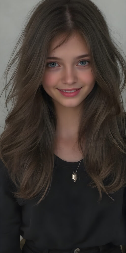 a (((full body image))) of a beautifully (((young teen girl))), with a sleek, dark brown (((long, layered hair))), that gently waves into a playful smile, gothic dressing style, dressed in a (((black, layered shirt))); paired with sleek, black skinny jeans; accessorized with a (tiny, metallic heart), poised confidently, as if embodying the essence of a whimsically rebellious teenage girl. (((skinny and cute with a petite, yet shapely, upper body, hint of a belly pooch, that perfectly complements her youthful features, including perfectly straight, white teeth that sparkle like diamonds, advanced detail around the edges of her hair, to give a 16-year-old a sense of timeless rebellion.