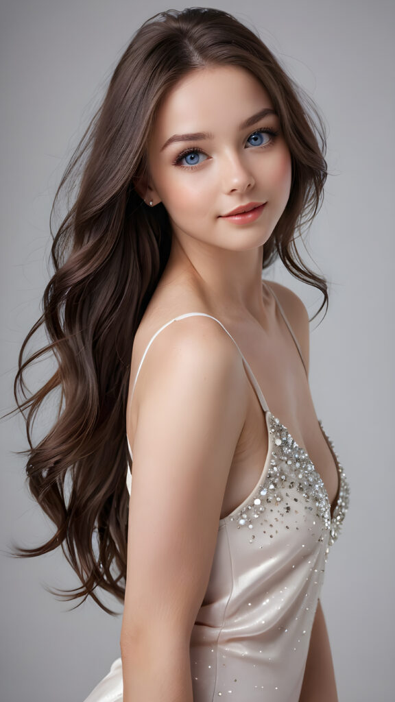 a (((full body view))) of an exquisitely beautiful girl, with long, flowing (((silky-smooth hair))), round cheeks, and bright, realistic blue eyes, framing a (((full, radiant face))) that exudes exuberance and elegance. Her lips are full, painted in a (pale pink hue), and her skin is (hyperrealistically detailed) with a soft, (diamond-like complexion) that gives off a (soft glow). She's wearing a low cut, ((sparkly, white tank top)) that accentuates her perfect figure, paired with sleek, (high heels) that match her outfit perfectly. The background is a (blurry, white backdrop) that adds to the overall atmosphere and emphasizes the girl's beauty. The lighting is (natural, soft light) that highlights her features and the outfit she wears, giving her an air of sophistication and elegance.