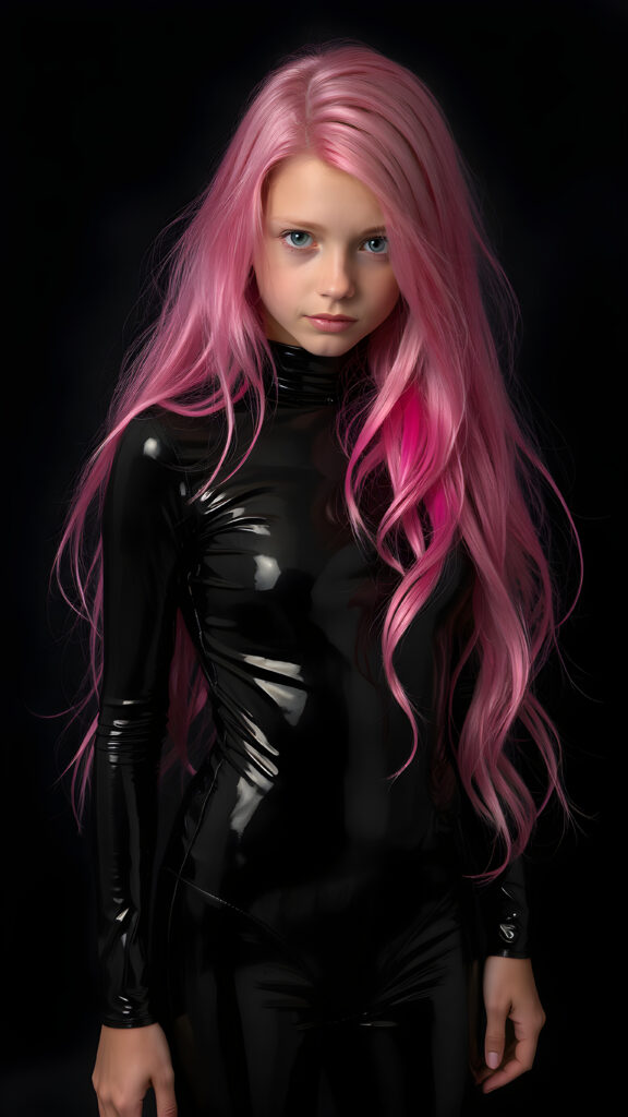 a (((full body shot))) of a (((young girl))) with (((long, flowing pink hair))), and (((vividly pink-dyed locks))), dressed in a (((shiny, sleek black latex catsuit))) that reflects the light in a (vivid, luxurious, high-quality backdrop), her expression slightly turned towards camera, as if looking at the viewer, all against a dark backdrop, perfect light ans shadows