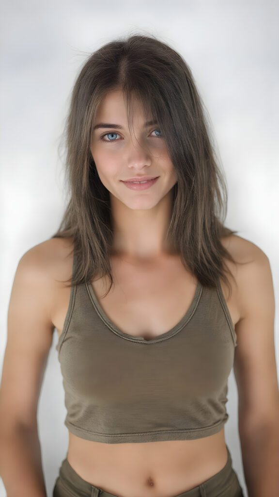 a (((full body portrait))), featuring a (((nice-looking young girl))) with flowing black hair and (((piercing blue eyes))), dressed in a sleek (((cropped sport tank top, deep v-neck in a camouflage pattern))), paired with classic (((short cargo pants))), posed confidently with a warm smile directed at the viewer. The scene is set against a (white backdrop) that complements the advanced lighting and advanced post-processing techniques, resulting in a masterfully advanced digital painting that embodies high detail and high quality, representing a timeless art style that exudes elegance and charm. She is the perfect embodiment of youthful beauty, with advanced lighting techniques and advanced digital painting techniques, showcasing every detail of her face and body in the highest level of detail and clarity. ((Straight hair)) ((Full body shot)) (((High-res, ultra-realistic image with intricate details))) ((perfect hands)) with long, flowing fingers and delicate, soft skin.