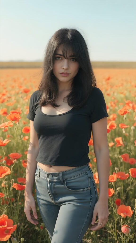 a (((full body view))) of a (((teen girl))) with ((black thick, straight soft hair)) that convey a sense of warmth and vitality, dressed in a ((low-cut, fitted T-shirt)) that accentuates her mature yet youthful figure, paired with ((realistic looking, high-resolution skin texture)) that adds a touch of realism to this captivating composition. She's standing in a ((sunny poppy field)), with a ((clear blue sky)) providing a picturesque backdrop for this stunning popstar. ((FULL LENGTH HEAD TO FEET BODY SHOT)) (((FULLY CLOTHED in black t-shirt and short denim jeans))) (((in a natural, warm and cozy lighting))) (((no gore, soft look)))