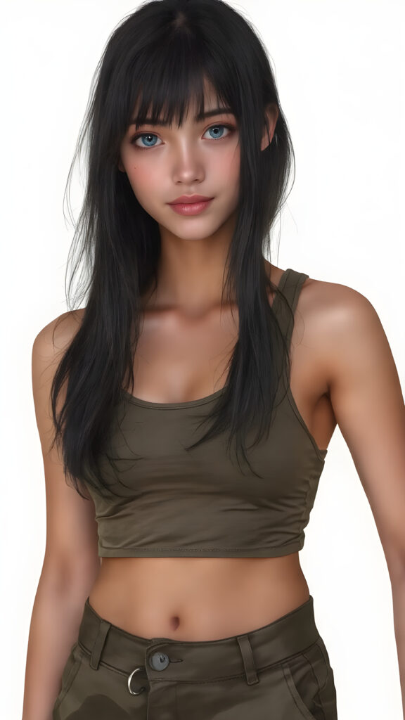 a (((full body portrait))), featuring a (((nice-looking young girl))) with flowing black hair and (((piercing blue eyes))), dressed in a sleek (((tank top))) in a camouflage pattern, paired with classic (((short cargo pants))), posed confidently with a warm smile directed at the viewer. The scene is set against a (green backdrop) that complements the advanced lighting and advanced post-processing techniques, resulting in a masterfully advanced digital painting that embodies high detail and high quality, representing a timeless art style that exudes elegance and charm. She is the perfect embodiment of youthful beauty, with advanced lighting techniques and advanced digital painting techniques, showcasing every detail of her face and body in the highest level of detail and clarity. ((Straight hair)) ((Full body shot)) (((High-res, ultra-realistic image with intricate details))) ((perfect hands)) with long, flowing fingers and delicate, soft skin.