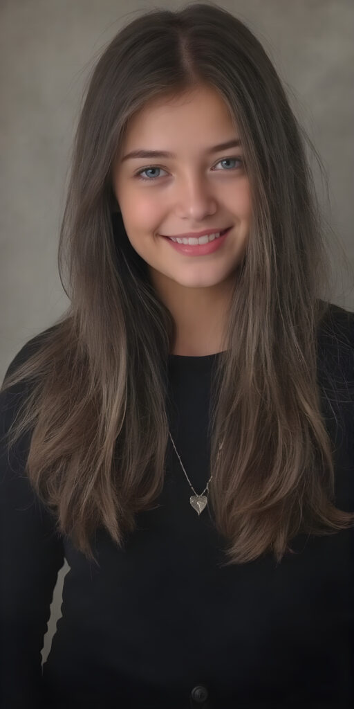 a (((full body image))) of a beautifully (((young teen girl))), with a sleek, dark brown (((long, layered hair))), that gently waves into a playful smile, gothic dressing style, dressed in a (((black, layered shirt))); paired with sleek, black skinny jeans; accessorized with a (tiny, metallic heart), poised confidently, as if embodying the essence of a whimsically rebellious teenage girl. (((skinny and cute with a petite, yet shapely, upper body, hint of a belly pooch, that perfectly complements her youthful features, including perfectly straight, white teeth that sparkle like diamonds, advanced detail around the edges of her hair, to give a 16-year-old a sense of timeless rebellion.