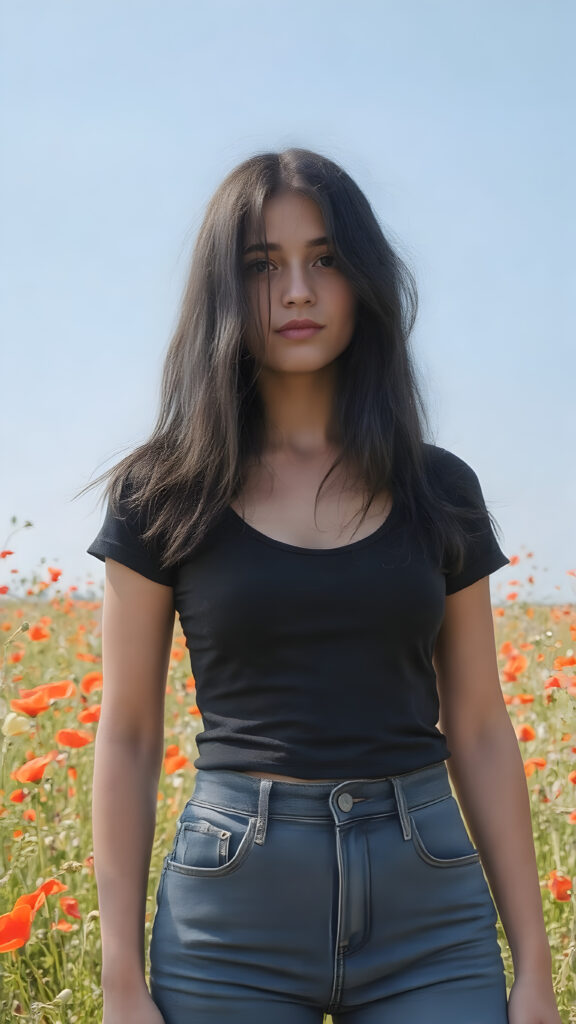 a (((full body view))) of a (((teen girl))) with ((black thick, straight soft hair)) that convey a sense of warmth and vitality, dressed in a ((low-cut, fitted T-shirt)) that accentuates her mature yet youthful figure, paired with ((realistic looking, high-resolution skin texture)) that adds a touch of realism to this captivating composition. She's standing in a ((sunny poppy field)), with a ((clear blue sky)) providing a picturesque backdrop for this stunning popstar. ((FULL LENGTH HEAD TO FEET BODY SHOT)) (((FULLY CLOTHED in black t-shirt and short denim jeans))) (((in a natural, warm and cozy lighting))) (((no gore, soft look)))