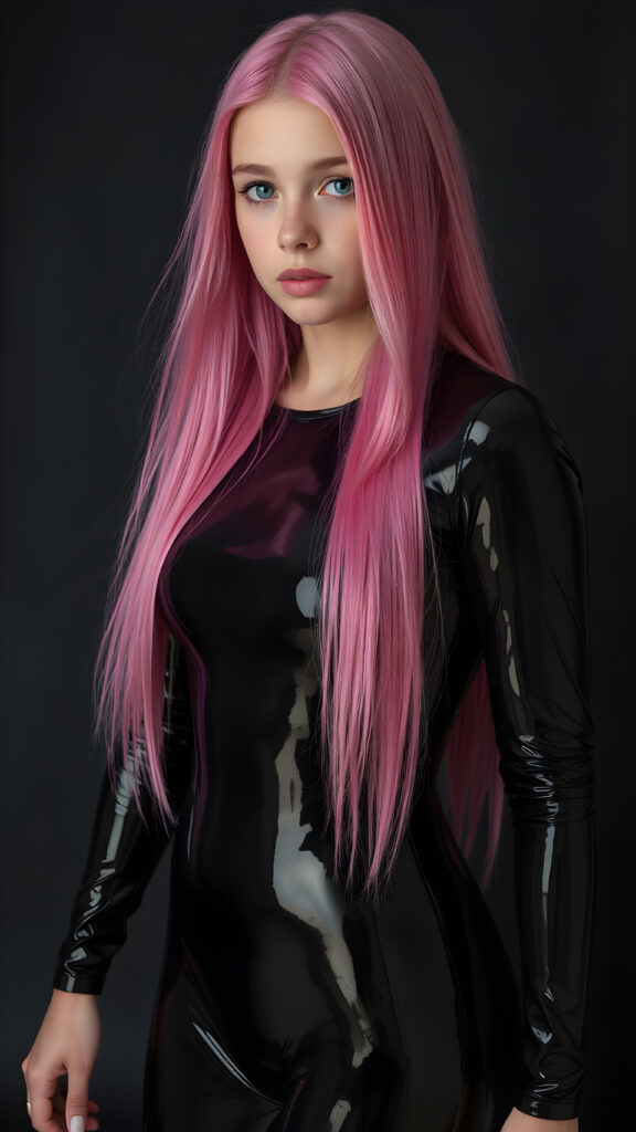 a (((full body shot))) of a (((young girl))) with (((long, straight jet and soft pink hair))), and (((vividly pink-dyed locks))), dressed in a (((shiny, sleek black latex catsuit))) that reflects the light in a (vivid, luxurious, high-quality backdrop), her expression slightly turned towards camera, as if looking at the viewer, all against a dark backdrop, perfect light and shadows