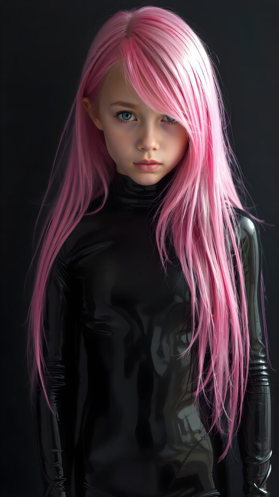 a (((full body shot))) of a (((young girl))) with (((long, straight jet and soft pink hair))), and (((vividly pink-dyed locks))), dressed in a (((shiny, sleek black latex catsuit))) that reflects the light in a (vivid, luxurious, high-quality backdrop), her expression slightly turned towards camera, as if looking at the viewer, all against a dark backdrop, perfect light and shadows