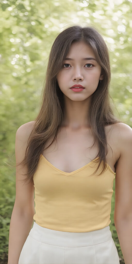 a (((full body shot))) of a (((stunning and gorgeous))) Japanese teen girl, with sleek and flowing (((hair in loose wavy long hair style))), dressed in a (((bright yellow fitted tank top with a low V-neck))), and ((white skirt)), that perfectly complements her pale skin. Her features are subtle yet striking, with slightly parted (((pale lips))), and (((adorable eyes))), that give her an air of sophistication. She exudes confidence and poise amidst a (((green forest))), under a (((softly glowing canopy))) that provides a hint of shade. The backdrop is further accentuated by (softly diffused light) that highlights her features and the contrast they provide against the natural world