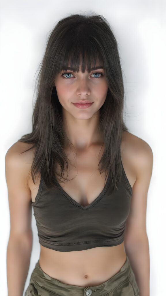 a (((full body portrait))), featuring a (((nice-looking young girl))) with flowing black hair and (((piercing blue eyes))), dressed in a sleek (((cropped sport tank top, deep v-neck in a camouflage pattern))), paired with classic (((short cargo pants))), posed confidently with a warm smile directed at the viewer. The scene is set against a (white backdrop) that complements the advanced lighting and advanced post-processing techniques, resulting in a masterfully advanced digital painting that embodies high detail and high quality, representing a timeless art style that exudes elegance and charm. She is the perfect embodiment of youthful beauty, with advanced lighting techniques and advanced digital painting techniques, showcasing every detail of her face and body in the highest level of detail and clarity. ((Straight hair)) ((Full body shot)) (((High-res, ultra-realistic image with intricate details))) ((perfect hands)) with long, flowing fingers and delicate, soft skin.