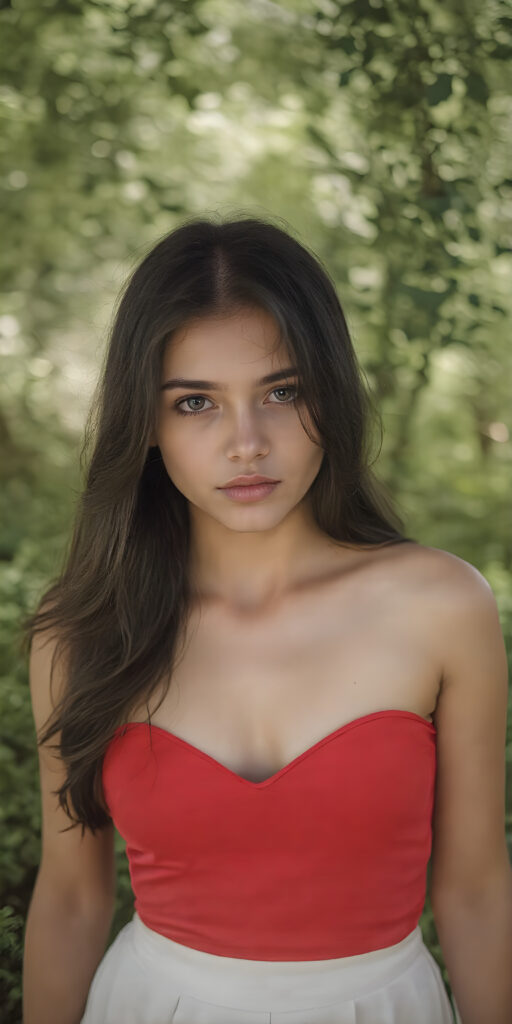 a (((full body shot))) of a (((stunning and gorgeous))) teen girl, with sleek and flowing (((black hair in loose wavy long hair style))), dressed in a (((bright red fitted top with a low V-neck))), and ((white skirt)), that perfectly complements her pale skin. Her features are subtle yet striking, with slightly parted (((pale lips))), and (((adorable eyes))), that give her an air of sophistication. She exudes confidence and poise amidst a (((green forest))), under a (((softly glowing canopy))) that provides a hint of shade. The backdrop is further accentuated by (softly diffused light) that highlights her features and the contrast they provide against the natural world