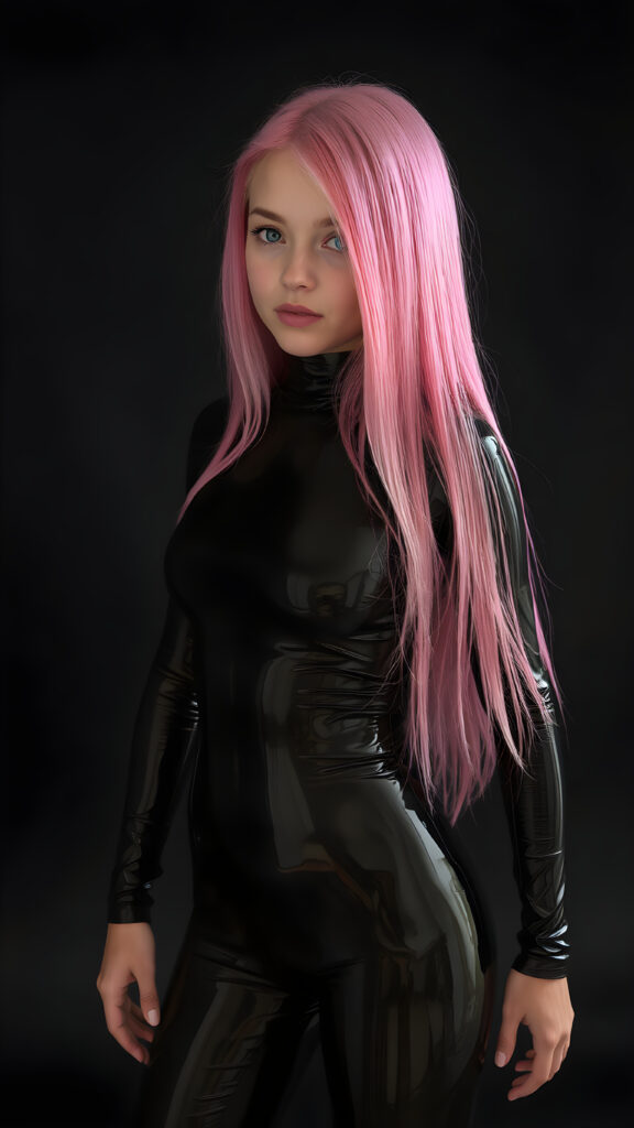 a (((full body shot))) of a (((young girl))) with (((long, straight jet and soft pink hair))), and (((vividly pink-dyed locks))), dressed in a (((shiny, sleek black latex catsuit))) that reflects the light in a (vivid, luxurious, high-quality backdrop), her expression slightly turned towards camera, as if looking at the viewer, all against a dark backdrop, perfect light and shadows