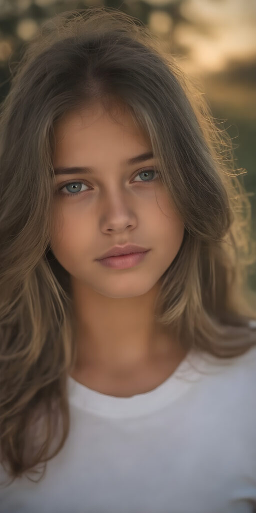 a (((full body portrait))), advanced styling with intricate ((volumetric lighting)), capturing a very beautiful young girl with (long, soft wavy hair) that flows gracefully over her shoulders, framing her face as the sun sets softly in the background, she’s wearing a (white t-shirt) that accentuates her youthful features, including (full lips) and (beautifully sculpted cheeks) that add to her overall allure