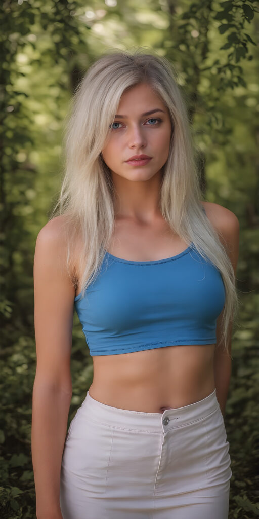 a (((full body shot))) of a (((stunning and gorgeous))) tanned Exotic teen girl, with sleek and flowing (((white hair in loose wavy long hair style))), dressed in a (((bright blue fitted tank top))), and ((white skirt)), that perfectly complements her pale skin. Her features are subtle yet striking, with slightly parted (((pale lips))), and (((adorable eyes))), that give her an air of sophistication. She exudes confidence and poise amidst a (((green forest))), under a (((softly glowing canopy))) that provides a hint of shade. The backdrop is further accentuated by (softly diffused light) that highlights her features and the contrast they provide against the natural world