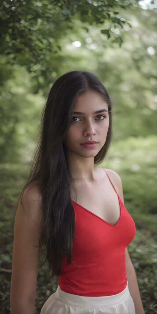 a (((full body shot))) of a (((stunning and gorgeous))) teen girl, with sleek and flowing (((black hair in loose wavy long hair style))), dressed in a (((bright red fitted top with a low V-neck))), and ((white skirt)), that perfectly complements her pale skin. Her features are subtle yet striking, with slightly parted (((pale lips))), and (((adorable eyes))), that give her an air of sophistication. She exudes confidence and poise amidst a (((green forest))), under a (((softly glowing canopy))) that provides a hint of shade. The backdrop is further accentuated by (softly diffused light) that highlights her features and the contrast they provide against the natural world