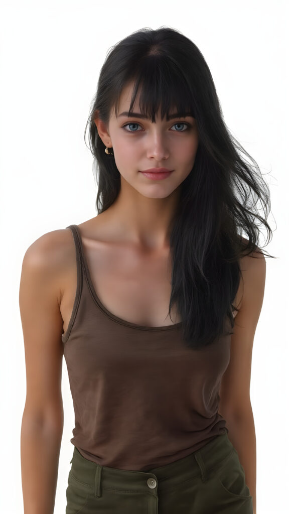 a (((full body portrait))), featuring a (((nice-looking young girl))) with flowing black hair and (((piercing blue eyes))), dressed in a sleek (((tank top))) in a camouflage pattern, paired with classic (((short cargo pants))), posed confidently with a warm smile directed at the viewer. The scene is set against a (green backdrop) that complements the advanced lighting and advanced post-processing techniques, resulting in a masterfully advanced digital painting that embodies high detail and high quality, representing a timeless art style that exudes elegance and charm. She is the perfect embodiment of youthful beauty, with advanced lighting techniques and advanced digital painting techniques, showcasing every detail of her face and body in the highest level of detail and clarity. ((Straight hair)) ((Full body shot)) (((High-res, ultra-realistic image with intricate details))) ((perfect hands)) with long, flowing fingers and delicate, soft skin.