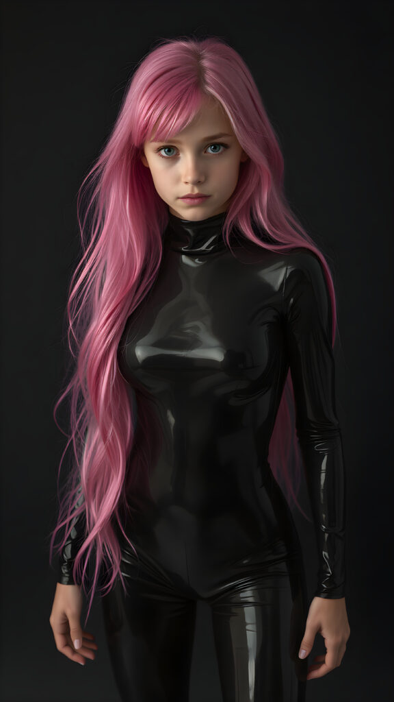 a (((full body shot))) of a (((young girl))) with (((long, flowing pink hair))), and (((vividly pink-dyed locks))), dressed in a (((shiny, sleek black latex catsuit))) that reflects the light in a (vivid, luxurious, high-quality backdrop), her expression slightly turned towards camera, as if looking at the viewer, all against a dark backdrop, perfect light ans shadows