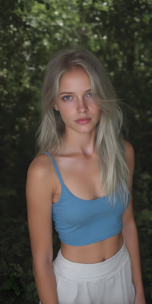 a (((full body shot))) of a (((stunning and gorgeous))) tanned Exotic teen girl, with sleek and flowing (((white hair in loose wavy long hair style))), dressed in a (((bright blue fitted tank top))), and ((white skirt)), that perfectly complements her pale skin. Her features are subtle yet striking, with slightly parted (((pale lips))), and (((adorable eyes))), that give her an air of sophistication. She exudes confidence and poise amidst a (((green forest))), under a (((softly glowing canopy))) that provides a hint of shade. The backdrop is further accentuated by (softly diffused light) that highlights her features and the contrast they provide against the natural world