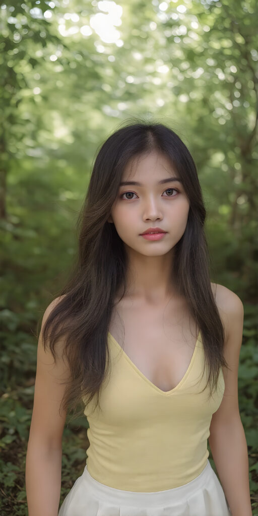 a (((full body shot))) of a (((stunning and gorgeous))) Japanese teen girl, with sleek and flowing (((hair in loose wavy long hair style))), dressed in a (((bright yellow fitted tank top with a low V-neck))), and ((white skirt)), that perfectly complements her pale skin. Her features are subtle yet striking, with slightly parted (((pale lips))), and (((adorable eyes))), that give her an air of sophistication. She exudes confidence and poise amidst a (((green forest))), under a (((softly glowing canopy))) that provides a hint of shade. The backdrop is further accentuated by (softly diffused light) that highlights her features and the contrast they provide against the natural world