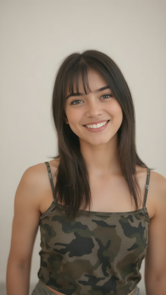 a (((full body image))) of a (((beautiful teen girl, age 15, with straight soft black hair))), showcasing her exquisite (((upper body))), which is perfectly proportioned and commands attention. Her face features delicate yet (((defined cheekbones))) and (((full lips))), with a (((straight, perfect white teeth smile))), that complements her overall look. She's dressed in a (((short, tight, thin silk camouflage top))), that hugs her form, revealing the perfect contours of her body. The scene is (((empty and perfectly proportioned))), allowing for a full-body shot with a (((perfectly proportioned figure))), accentuating her ((stunningly beautiful upper body). (((Her poise is (((dynamic and inviting))), with her head tilted back slightly, showing off her (perfect teeth) and capturing attention to detail.)))