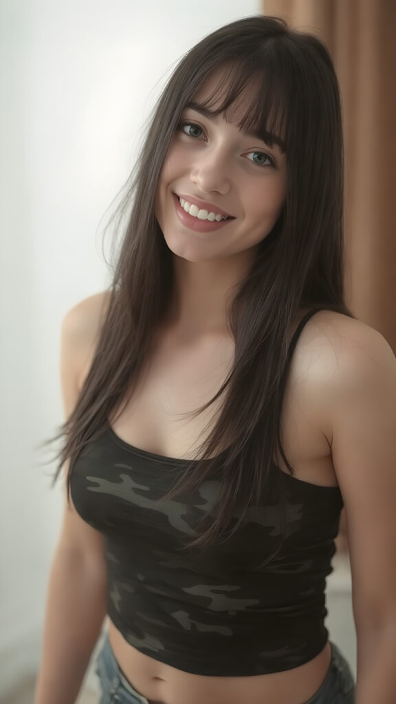 a (((full body image))) of a (((beautiful teen girl, age 15, with straight soft black hair))), showcasing her exquisite (((upper body))), which is perfectly proportioned and commands attention. Her face features delicate yet (((defined cheekbones))) and (((full lips))), with a (((straight, perfect white teeth smile))), that complements her overall look. She's dressed in a (((short, tight, thin silk camouflage top))), that hugs her form, revealing the perfect contours of her body. The scene is (((empty and perfectly proportioned))), allowing for a full-body shot with a (((perfectly proportioned figure))), accentuating her ((stunningly beautiful upper body). (((Her poise is (((dynamic and inviting))), with her head tilted back slightly, showing off her (perfect teeth) and capturing attention to detail.)))