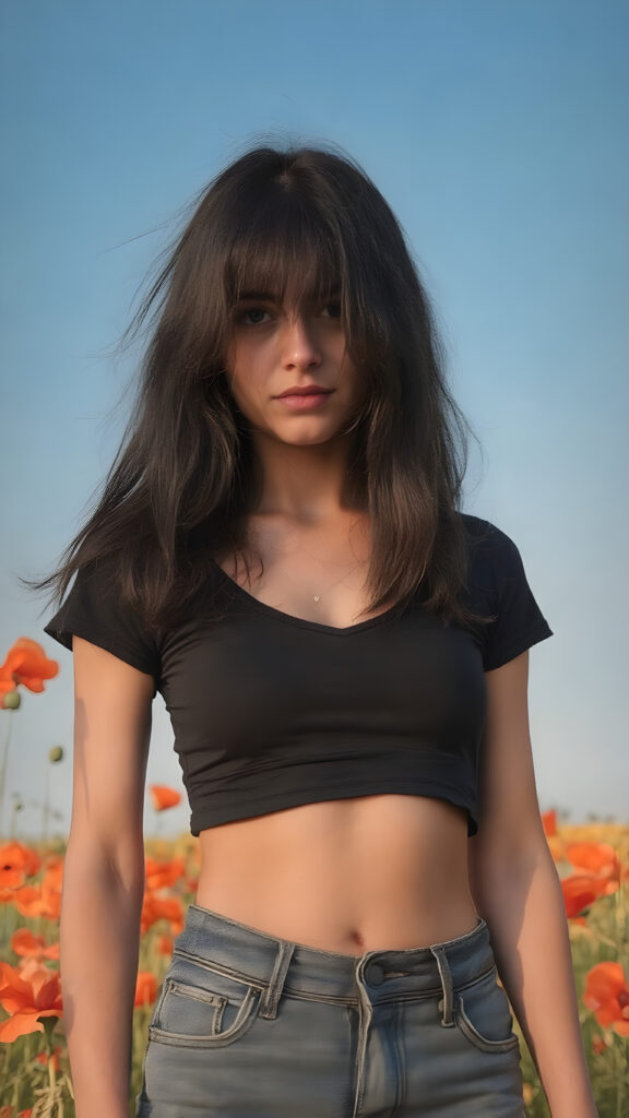 a (((full body view))) of a (((teen girl))) with ((black thick, straight soft hair)) that convey a sense of warmth and vitality, dressed in a ((low-cut, fitted T-shirt)) that accentuates her mature yet youthful figure, paired with ((realistic looking, high-resolution skin texture)) that adds a touch of realism to this captivating composition. She's standing in a ((sunny poppy field)), with a ((clear blue sky)) providing a picturesque backdrop for this stunning popstar. ((FULL LENGTH HEAD TO FEET BODY SHOT)) (((FULLY CLOTHED in black t-shirt and short denim jeans))) (((in a natural, warm and cozy lighting))) (((no gore, soft look)))