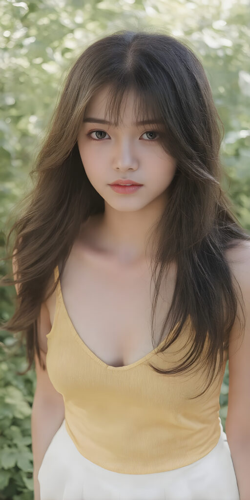 a (((full body shot))) of a (((stunning and gorgeous))) Japanese teen girl, with sleek and flowing (((hair in loose wavy long hair style))), dressed in a (((bright yellow fitted tank top with a low V-neck))), and ((white skirt)), that perfectly complements her pale skin. Her features are subtle yet striking, with slightly parted (((pale lips))), and (((adorable eyes))), that give her an air of sophistication. She exudes confidence and poise amidst a (((green forest))), under a (((softly glowing canopy))) that provides a hint of shade. The backdrop is further accentuated by (softly diffused light) that highlights her features and the contrast they provide against the natural world