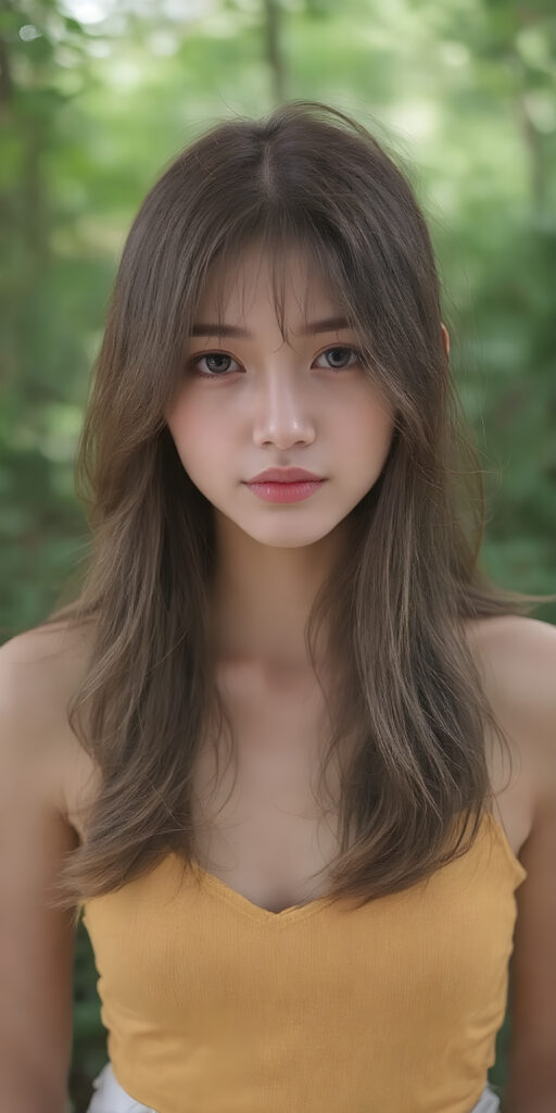 a (((full body shot))) of a (((stunning and gorgeous))) Japanese teen girl, with sleek and flowing (((hair in loose wavy long hair style))), dressed in a (((bright yellow fitted tank top with a low V-neck))), and ((white skirt)), that perfectly complements her pale skin. Her features are subtle yet striking, with slightly parted (((pale lips))), and (((adorable eyes))), that give her an air of sophistication. She exudes confidence and poise amidst a (((green forest))), under a (((softly glowing canopy))) that provides a hint of shade. The backdrop is further accentuated by (softly diffused light) that highlights her features and the contrast they provide against the natural world